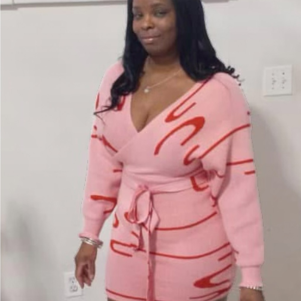 Fashion Nova Pink and Red V-Neck Sweater Dress